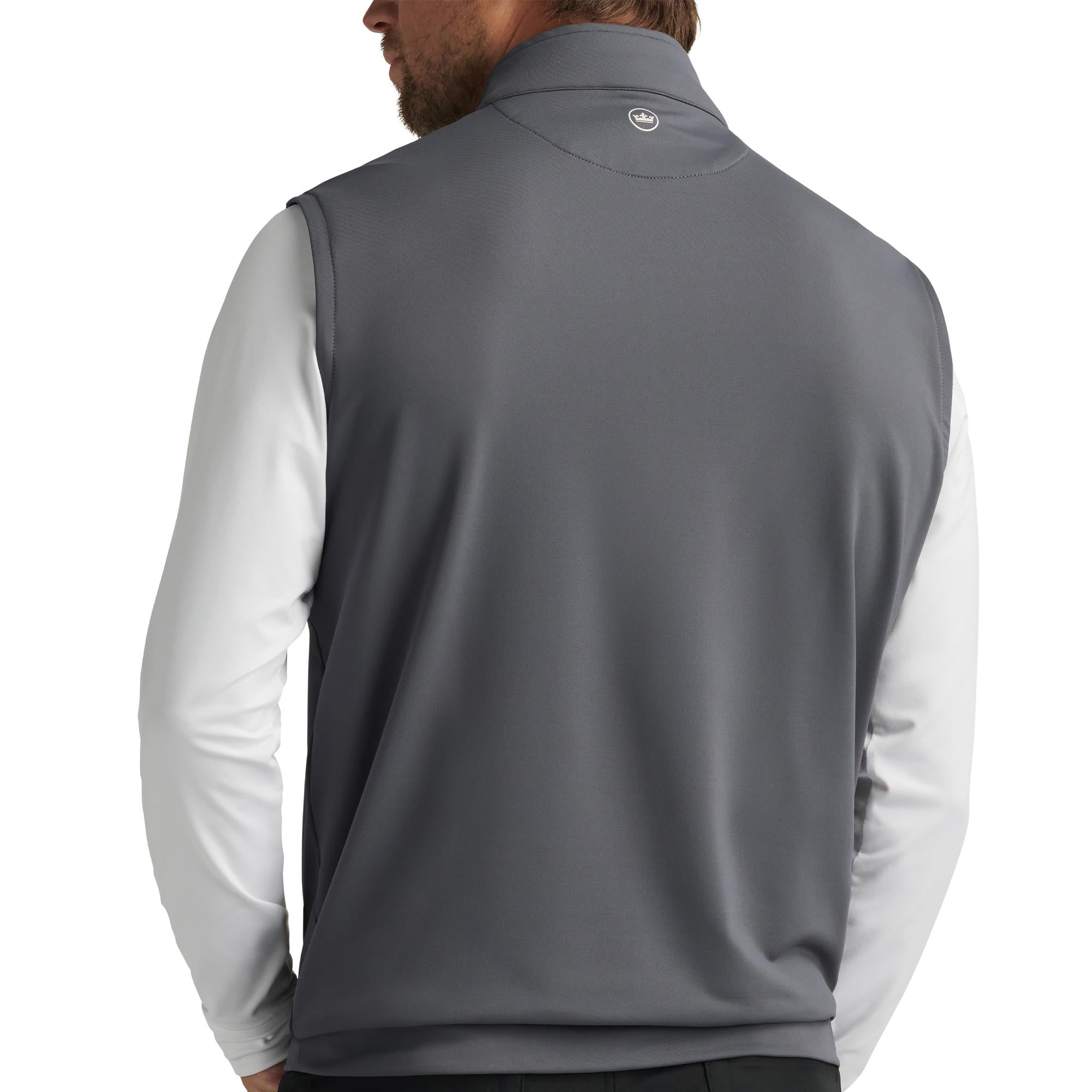 Model back view of Peter Millar Galway Stretch Vest – mens designer body warmer and golf gilet in Iron grey